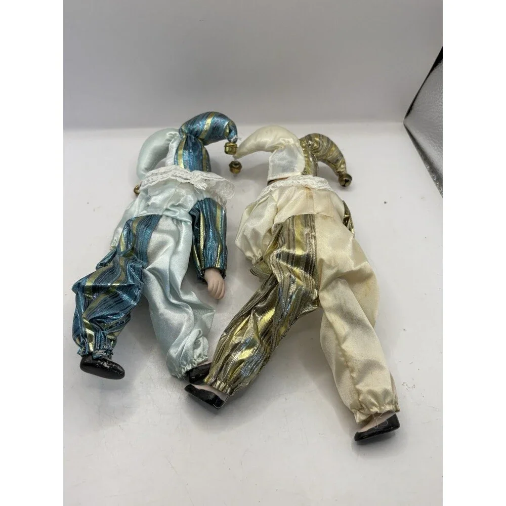 PAIR Porcelain Jester Doll Clown Gold Blue Las Vegas Gold Mardi Gras Bells 9.5”